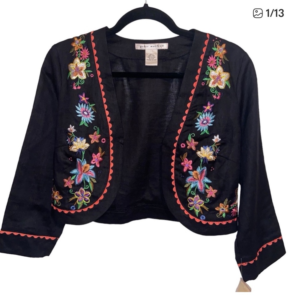 Vintage Peter Martin Bolero Jacket Womens Size 4 Linen Floral Embroidered New